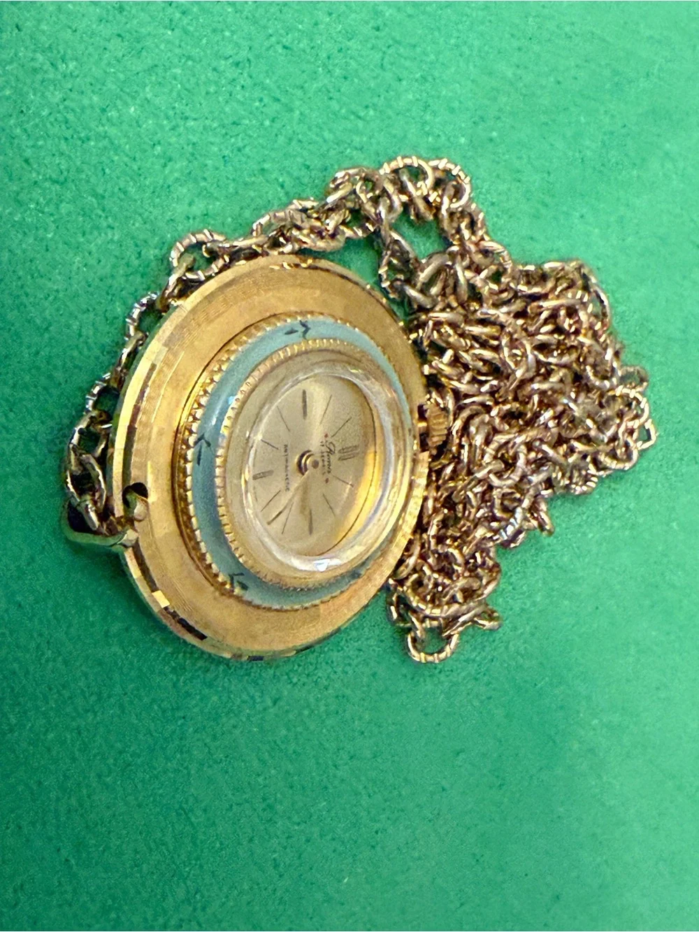 Rona Vintage 17 Jewels Swiss Made Gold-Tone Pendant Watch Necklace Two Sided